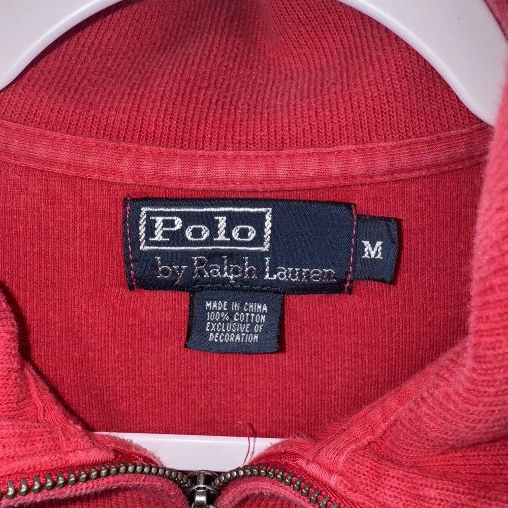 Polo Ralph Lauren Sweater Men Medium Red Solid Cotton Quarter Zip Sweatshirt VTG